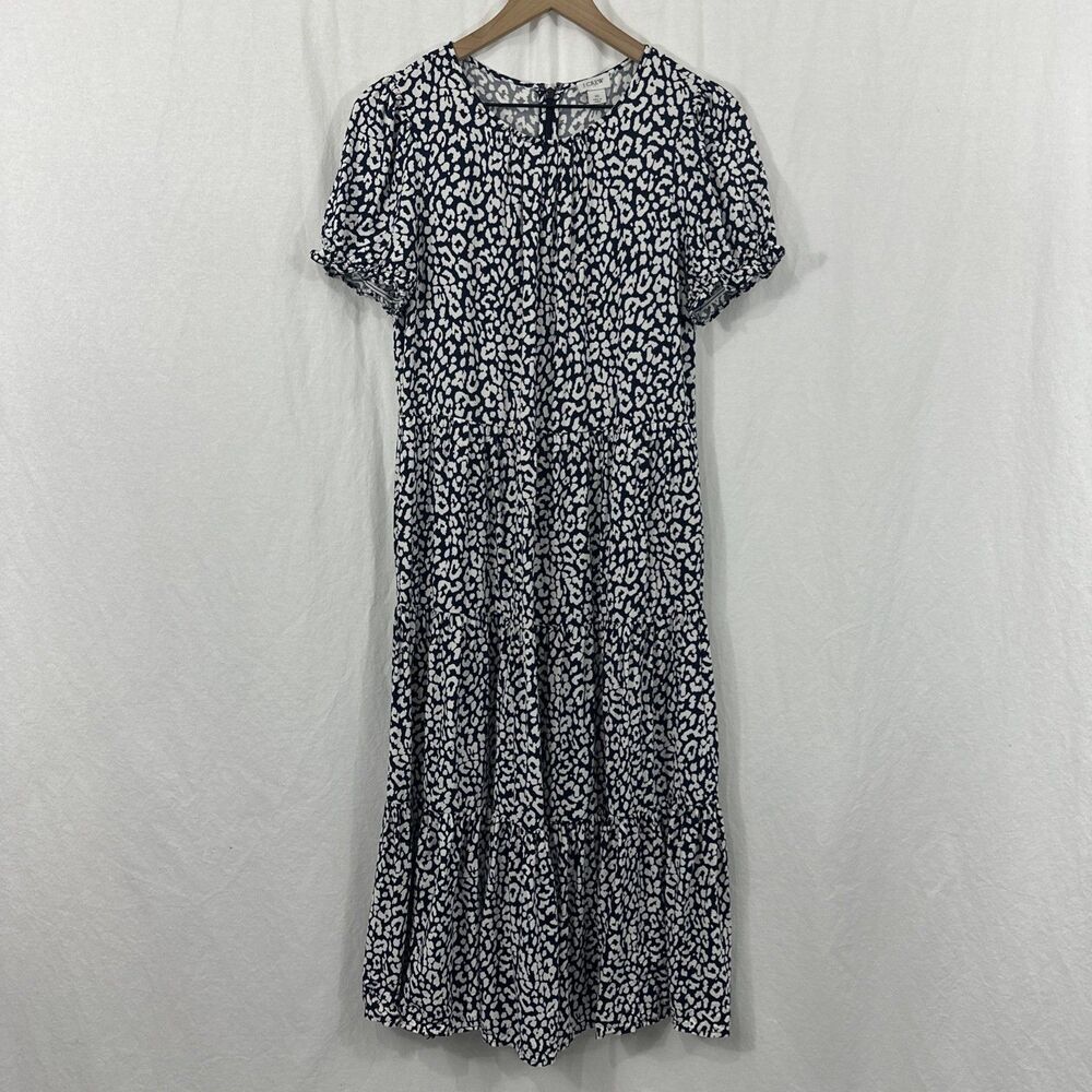J Crew Factory Womens Sz XS Tiered Midi Dress Animal Print Navy White Coastal